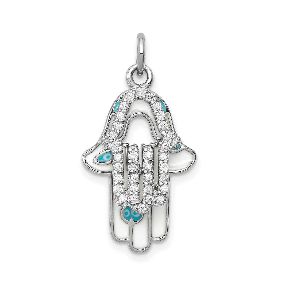 Sterling Silver Hamsa Pendant with Cubic Zirconia and Turquoise Enamel Evil Eye Accents