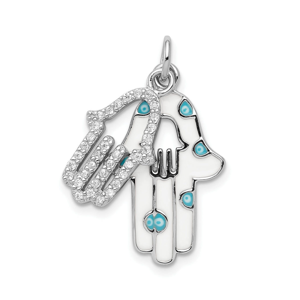 Sterling Silver Hamsa Pendant with Cubic Zirconia and Turquoise Enamel Evil Eye Accents