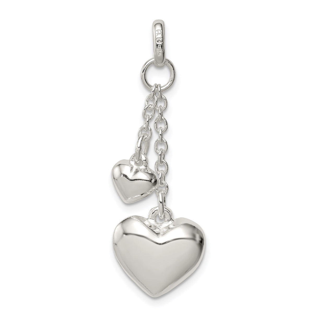 Sterling Silver Heart Dangle Pendant with Polished Double Hearts on Delicate Chains