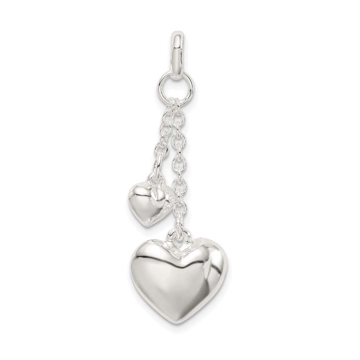Sterling Silver Heart Dangle Pendant with Polished Double Hearts on Delicate Chains