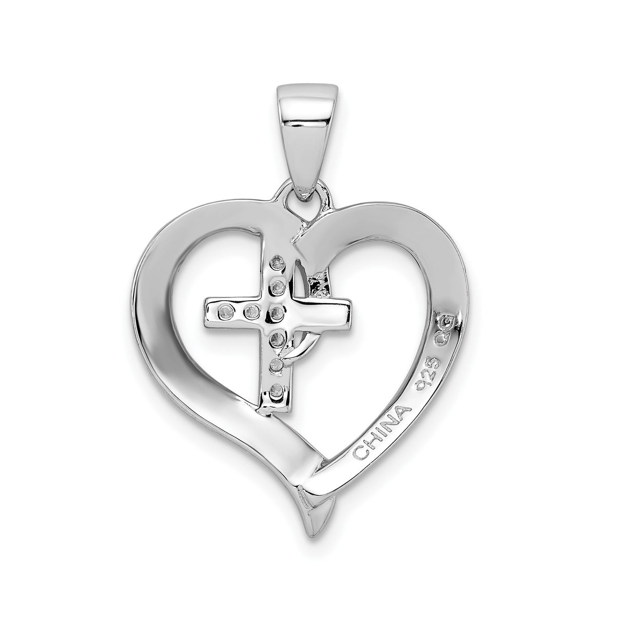 Sterling Silver Cross Pendant with Open Heart and Pave Cubic Zirconia Design