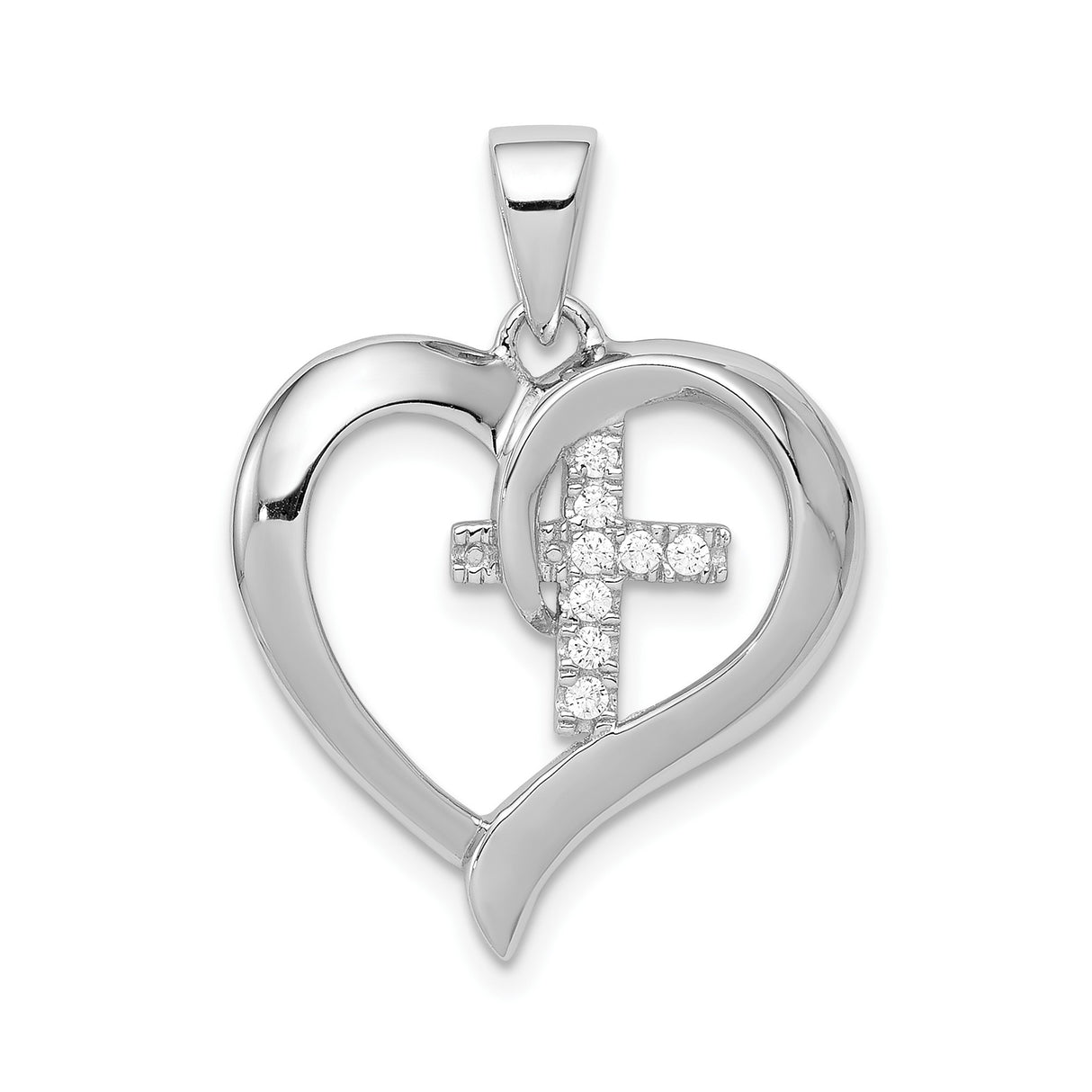 Sterling Silver Cross Pendant with Open Heart and Pave Cubic Zirconia Design
