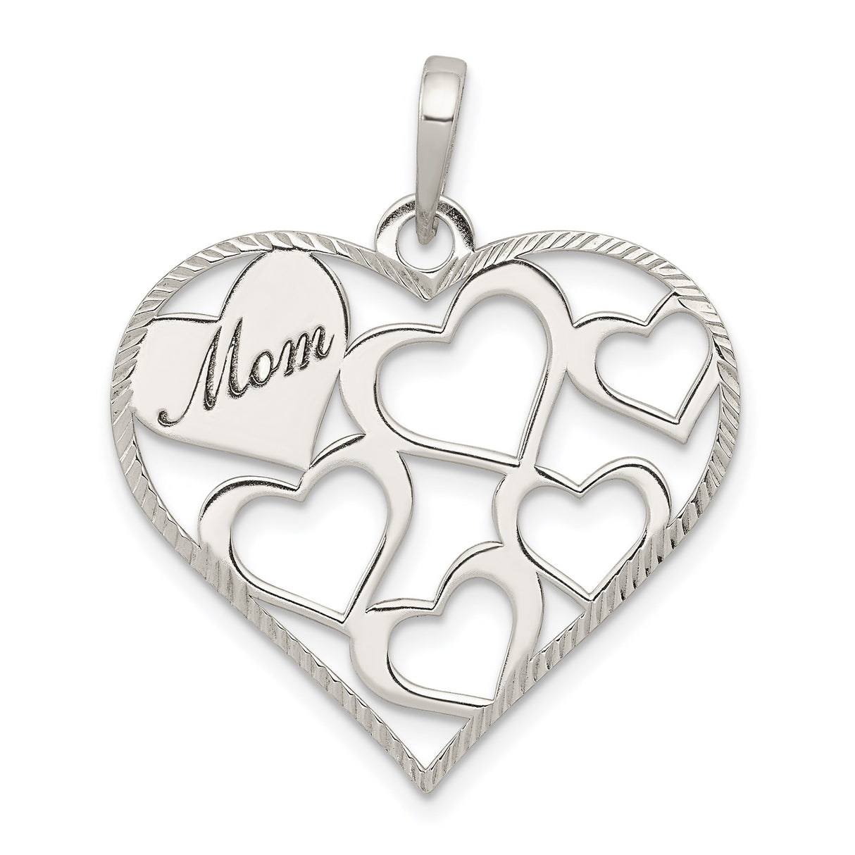 Sterling Silver Heart Pendant with Openwork Hearts and Mom Design for Women