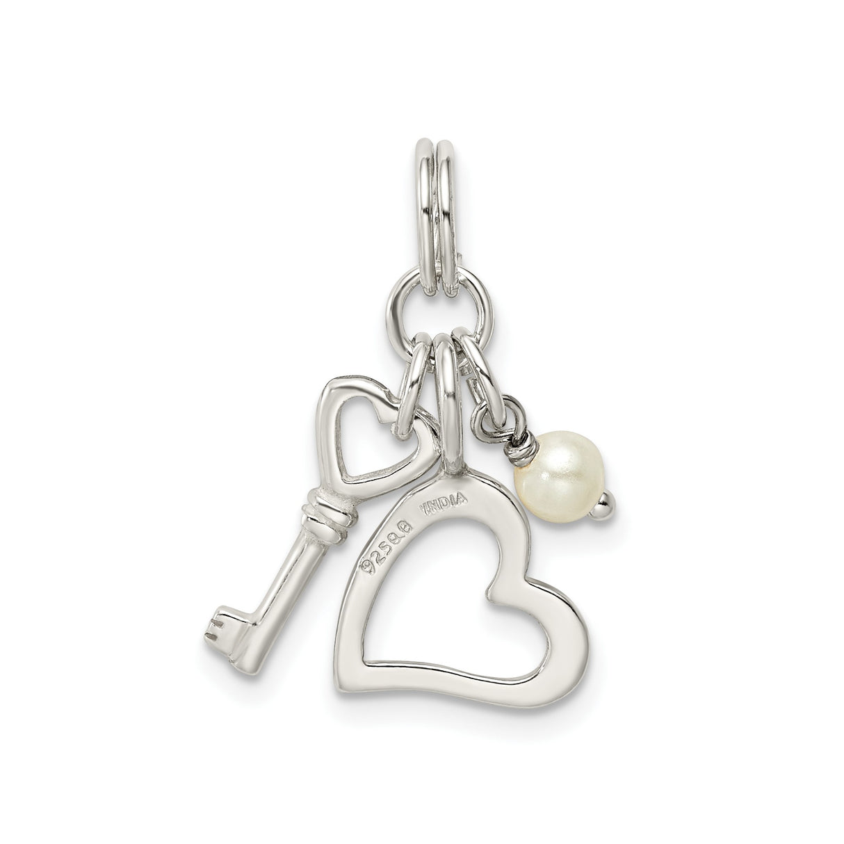 Sterling Silver Heart Key Pendant with Simulated Pearl, Romantic Charm Design for Women