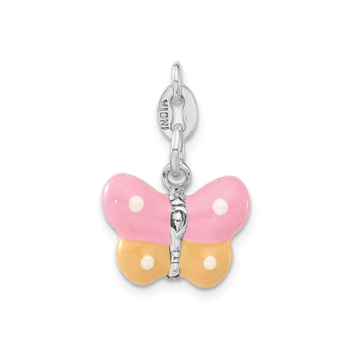 Sterling Silver Butterfly Charm with Pink and Orange Enamel, Polka Dot Design