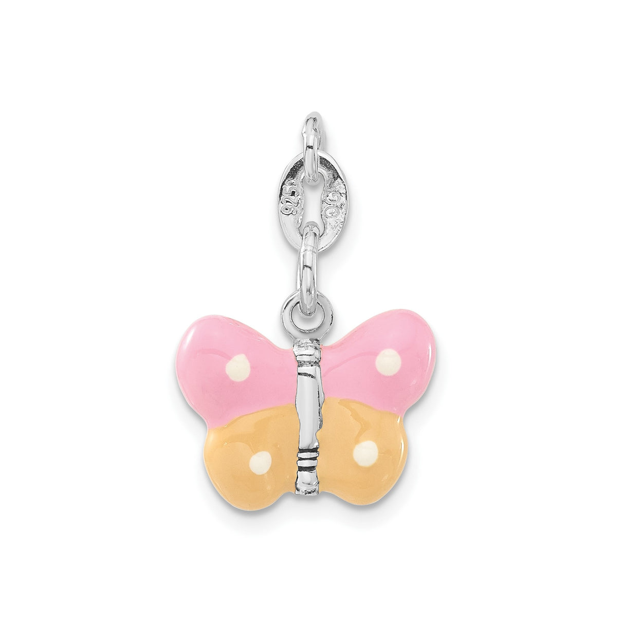 Sterling Silver Butterfly Charm with Pink and Orange Enamel, Polka Dot Design