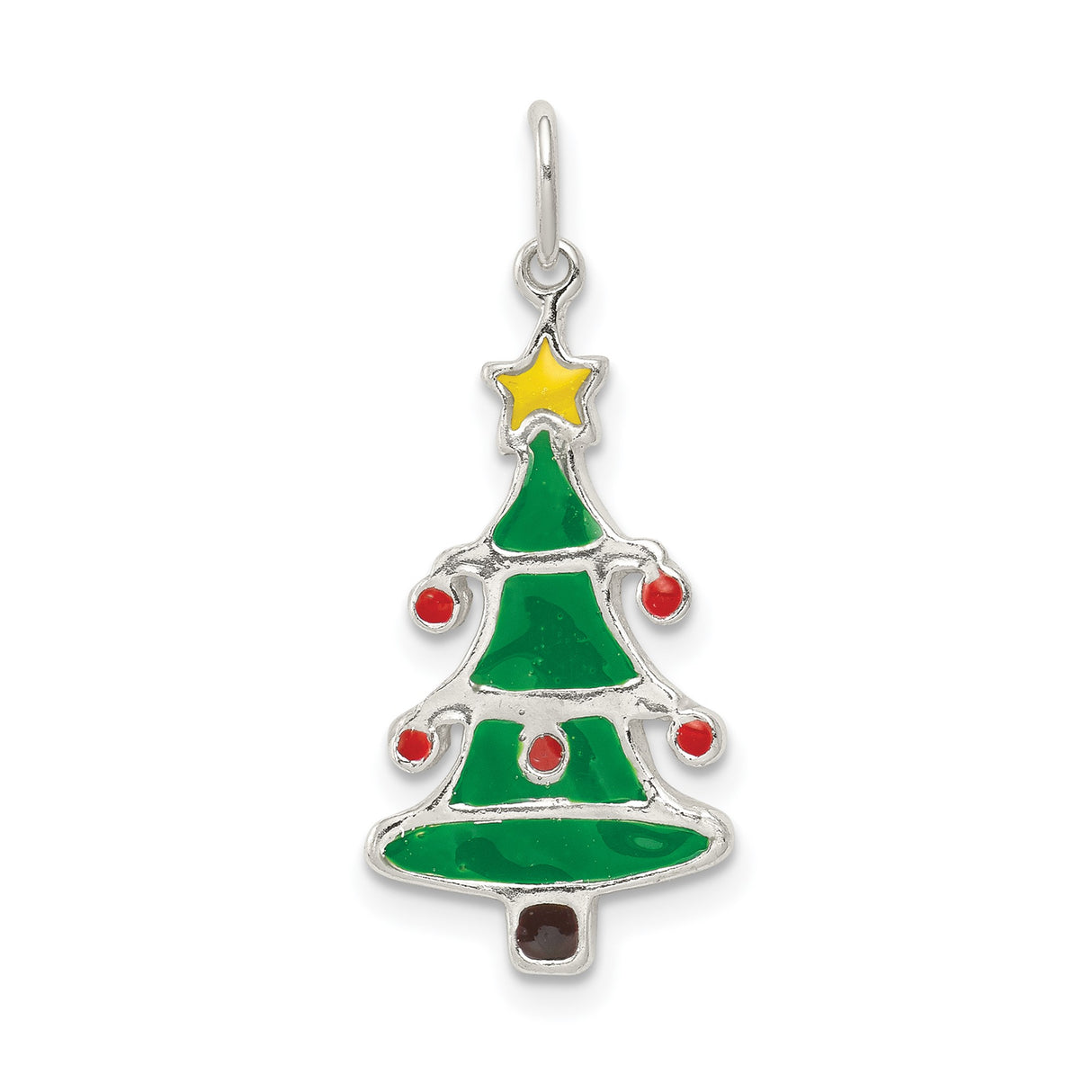 Sterling Silver Christmas Tree Pendant with Green Enamel, Red Accents, Yellow Star Topper