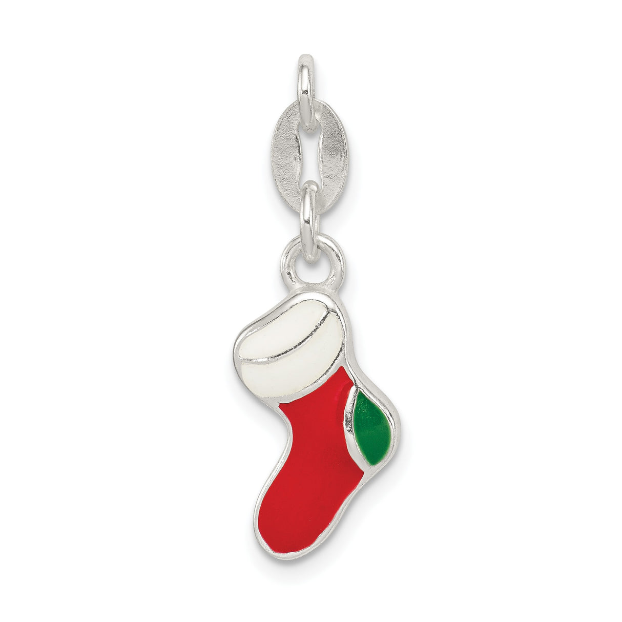 Sterling Silver Christmas Stocking Charm Pendant with Red Green White Enamel