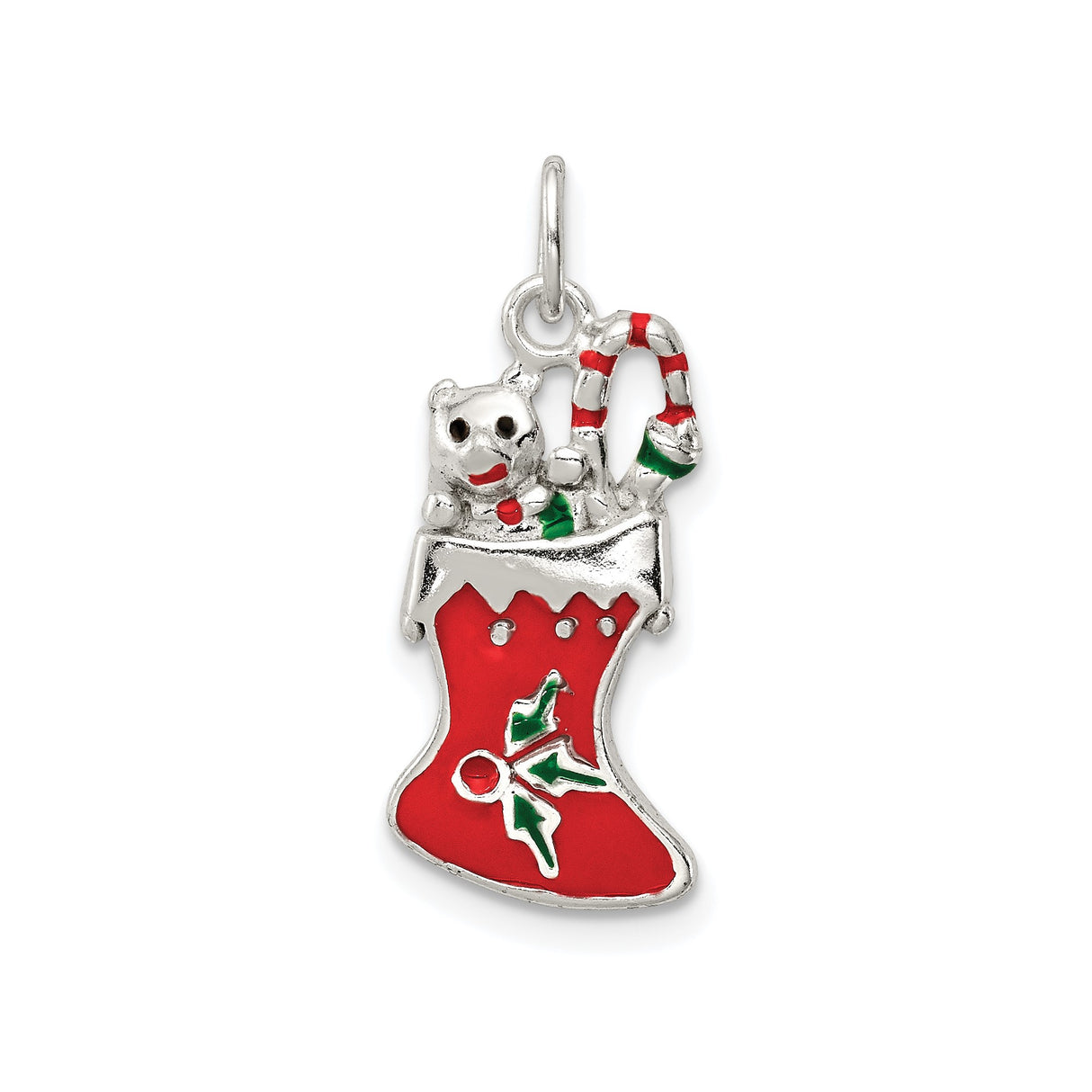 Sterling Silver Charm, Christmas Stocking with Teddy Bear, Candy Canes and Holly Detail