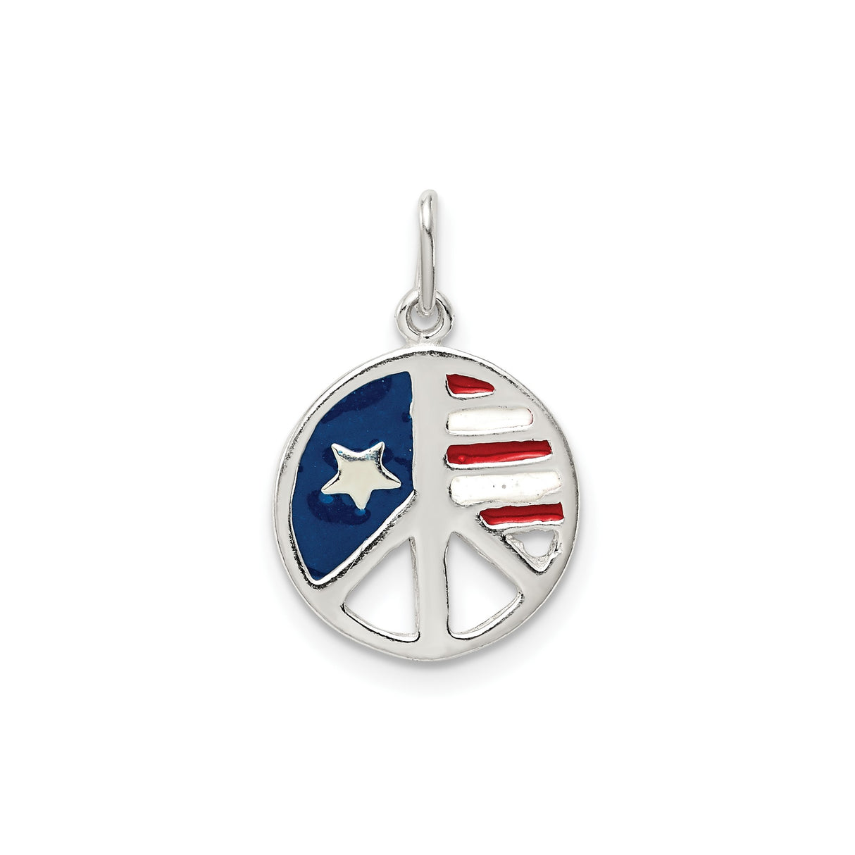Sterling Silver Peace Sign Pendant with American Flag Red White Blue Enamel, Patriotic Design