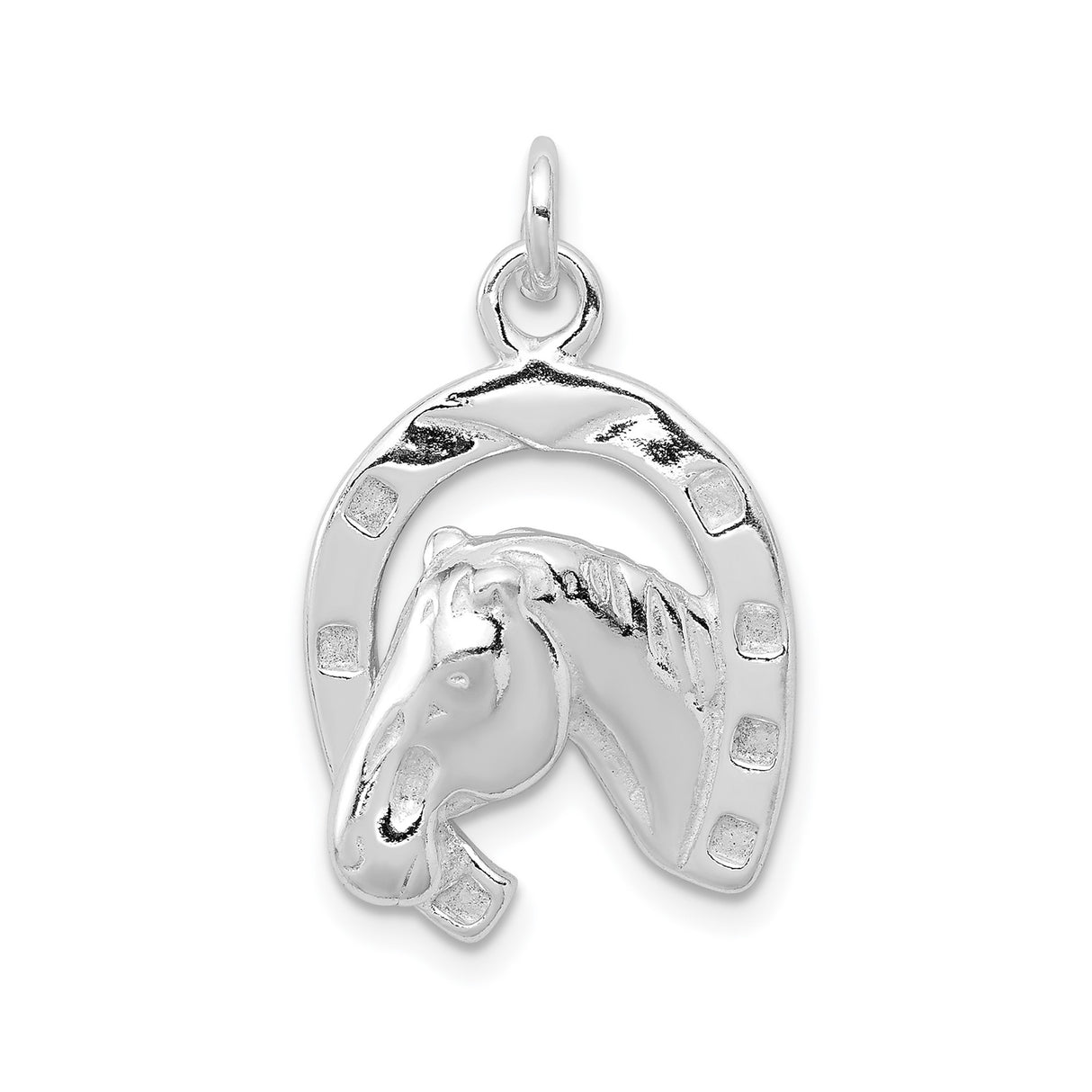 Sterling Silver Horse Head Pendant with Lucky Horseshoe Design, Equestrian Motif