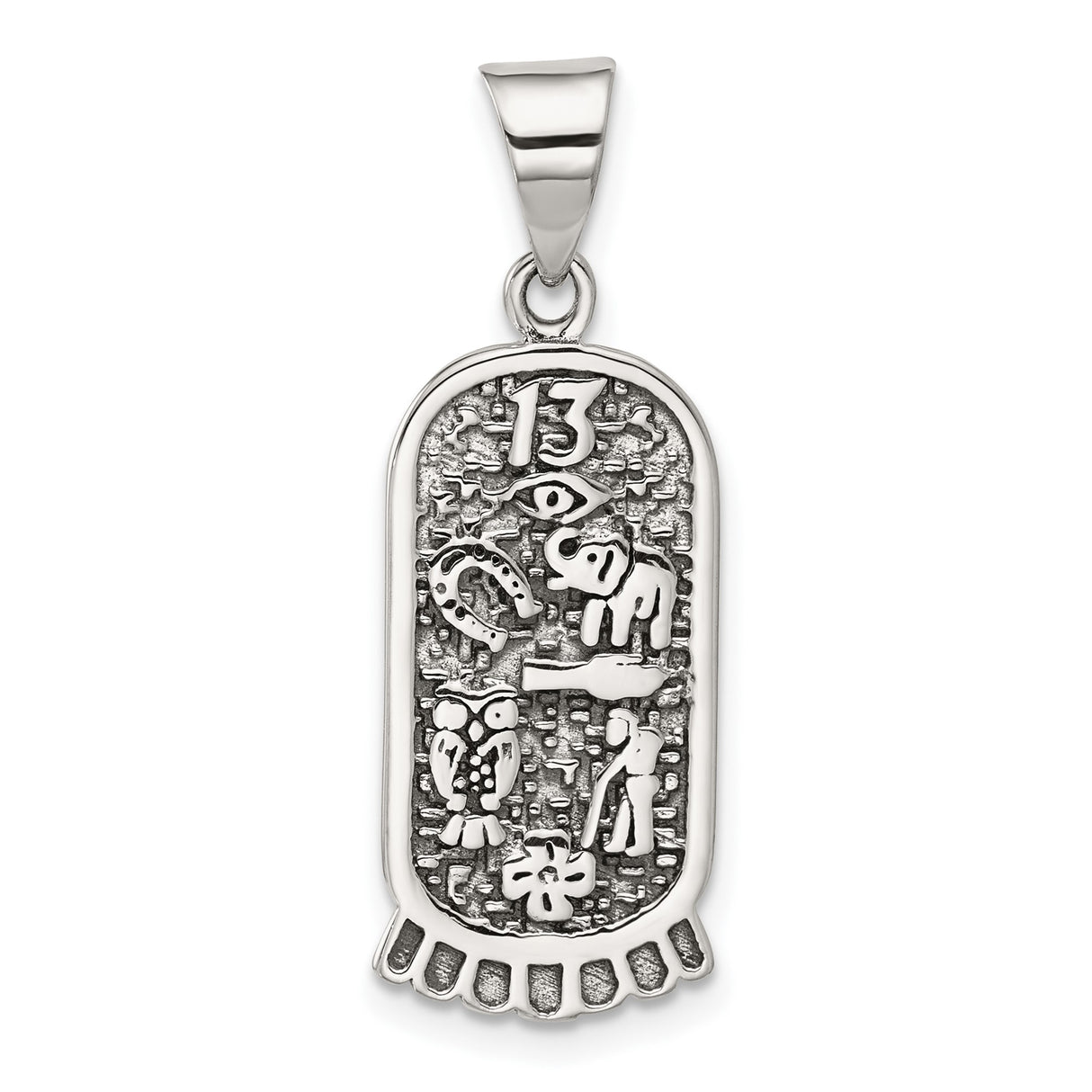 Sterling Silver Talisman Pendant with Number 13, Evil Eye, Horseshoe, Elephant, Owl, and Clover