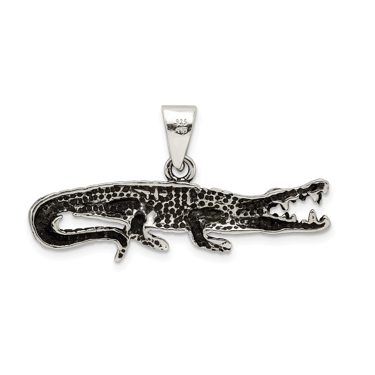 Sterling Silver Alligator Pendant with Open Mouth and Scale Texture, Wildlife Charm