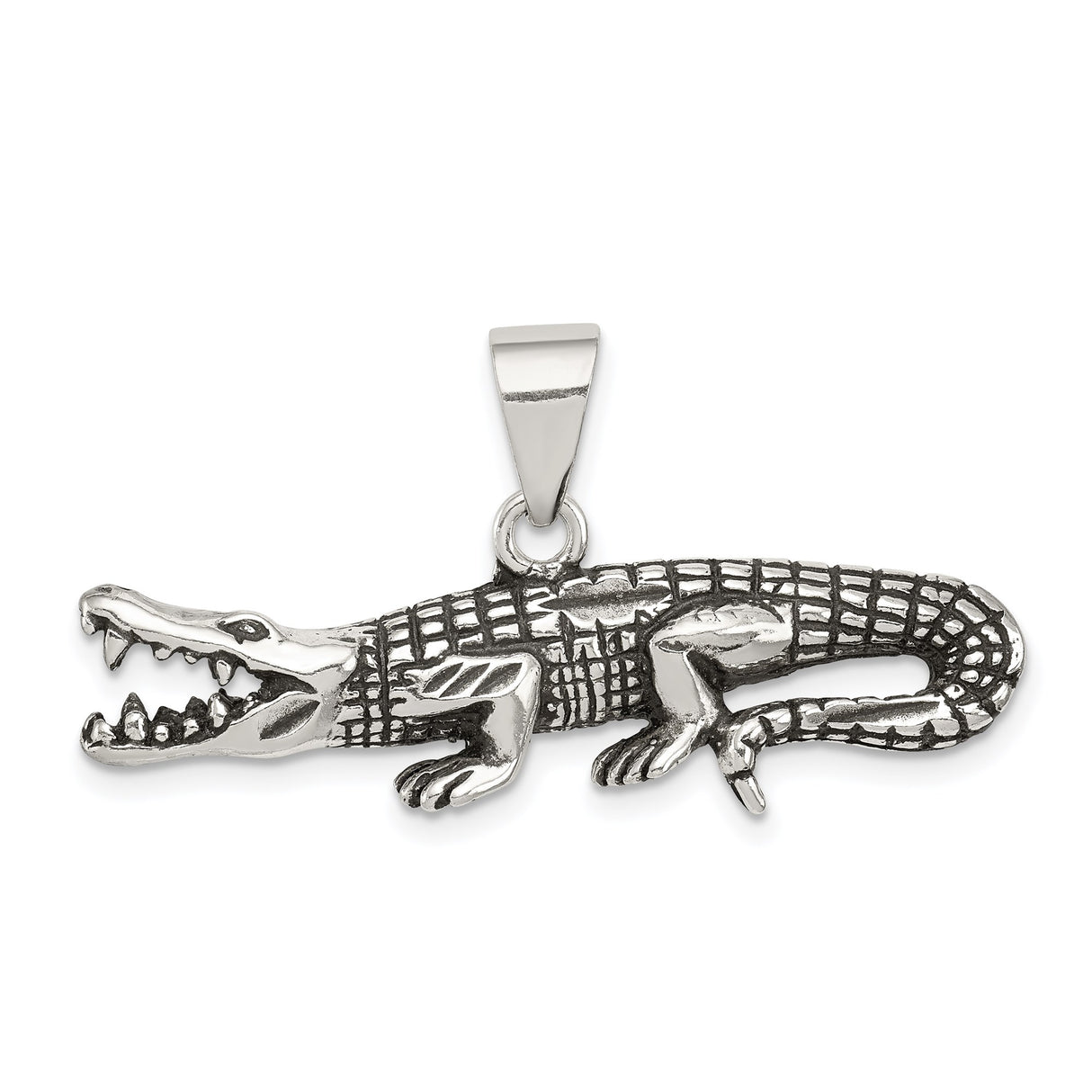 Sterling Silver Alligator Pendant with Open Mouth and Scale Texture, Wildlife Charm