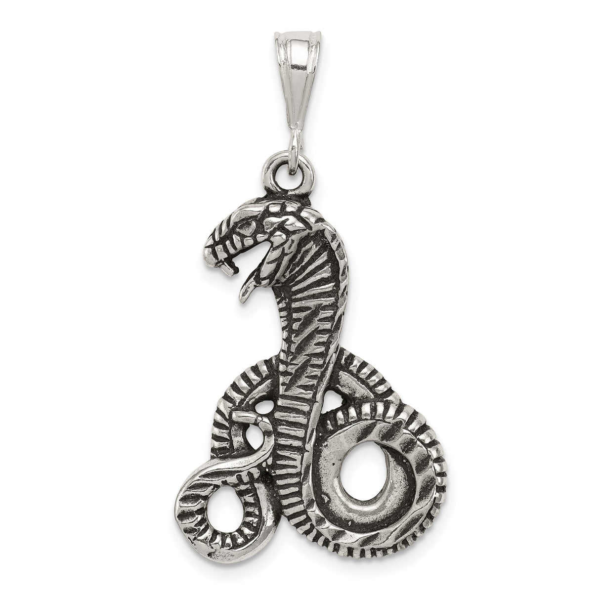 Sterling Silver Snake Pendant with Coiled Serpent and Open Mouth Gothic Design