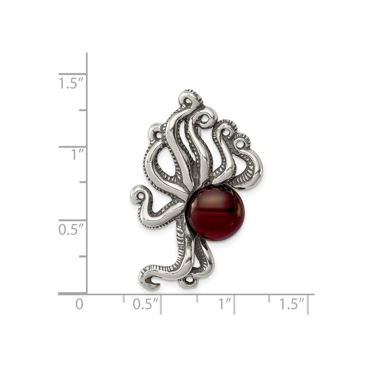 Sterling Silver Octopus Pendant with Red Glass Cabochon, Nautical Fantasy Design