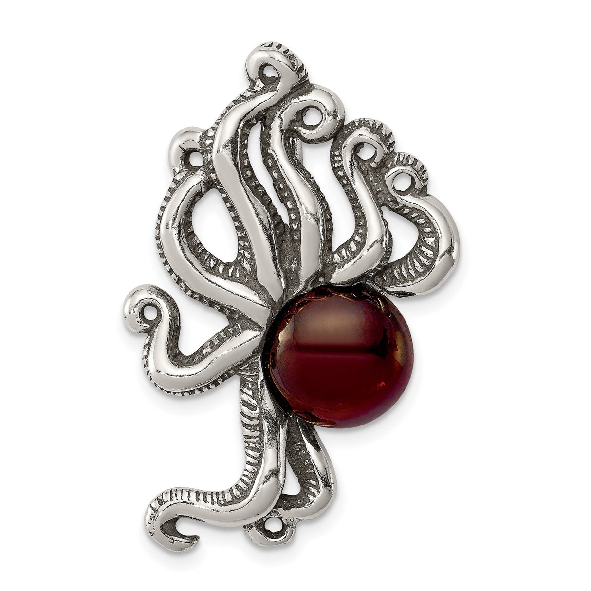 Sterling Silver Octopus Pendant with Red Glass Cabochon, Nautical Fantasy Design