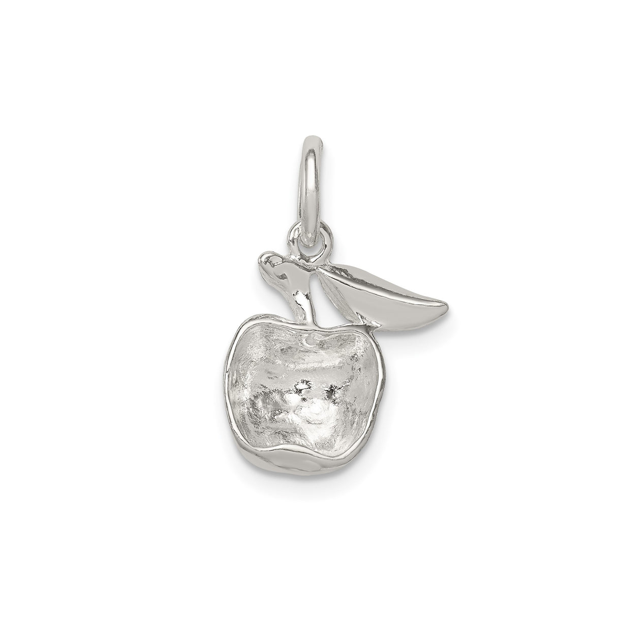 Sterling Silver Apple Charm Pendant with Leaf Detail, Three-Dimensional Nature Design