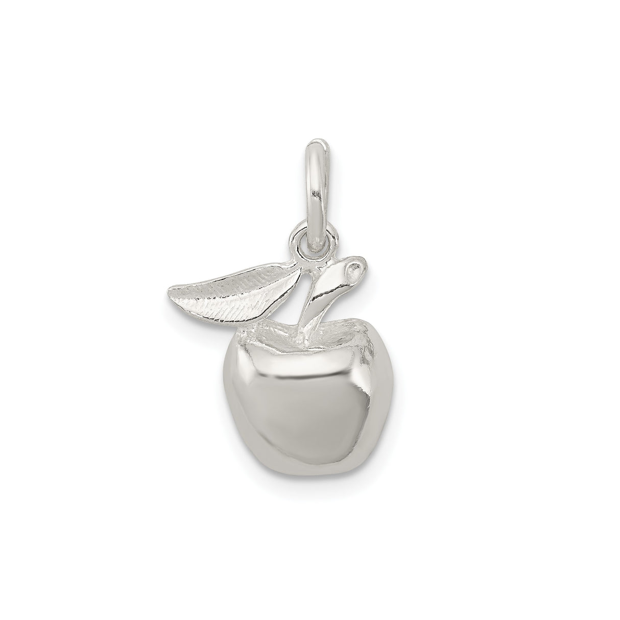 Sterling Silver Apple Charm Pendant with Leaf Detail, Three-Dimensional Nature Design