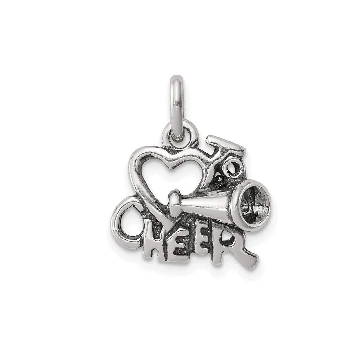 Sterling Silver Cheerleading Pendant with Heart and Megaphone, Cheer Spirit Charm for Women and Girls