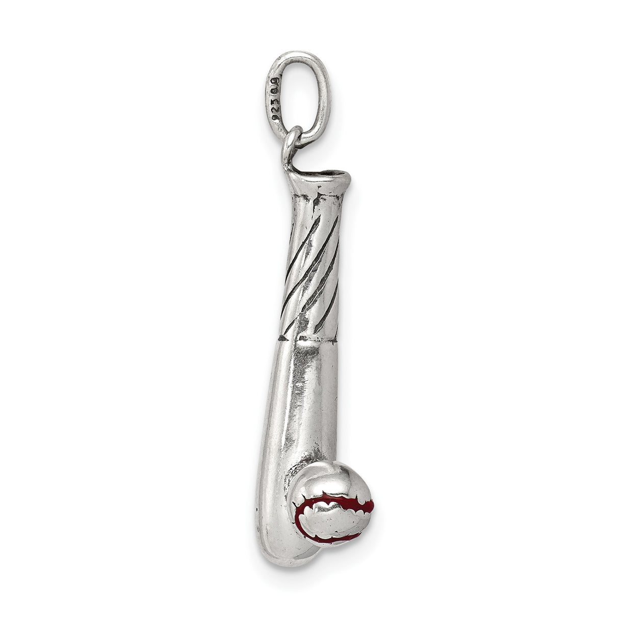 Sterling Silver Baseball Bat and Ball Pendant with Red Stitched Details, Sports Charm