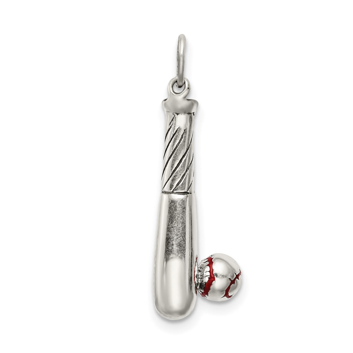 Sterling Silver Baseball Bat and Ball Pendant with Red Stitched Details, Sports Charm