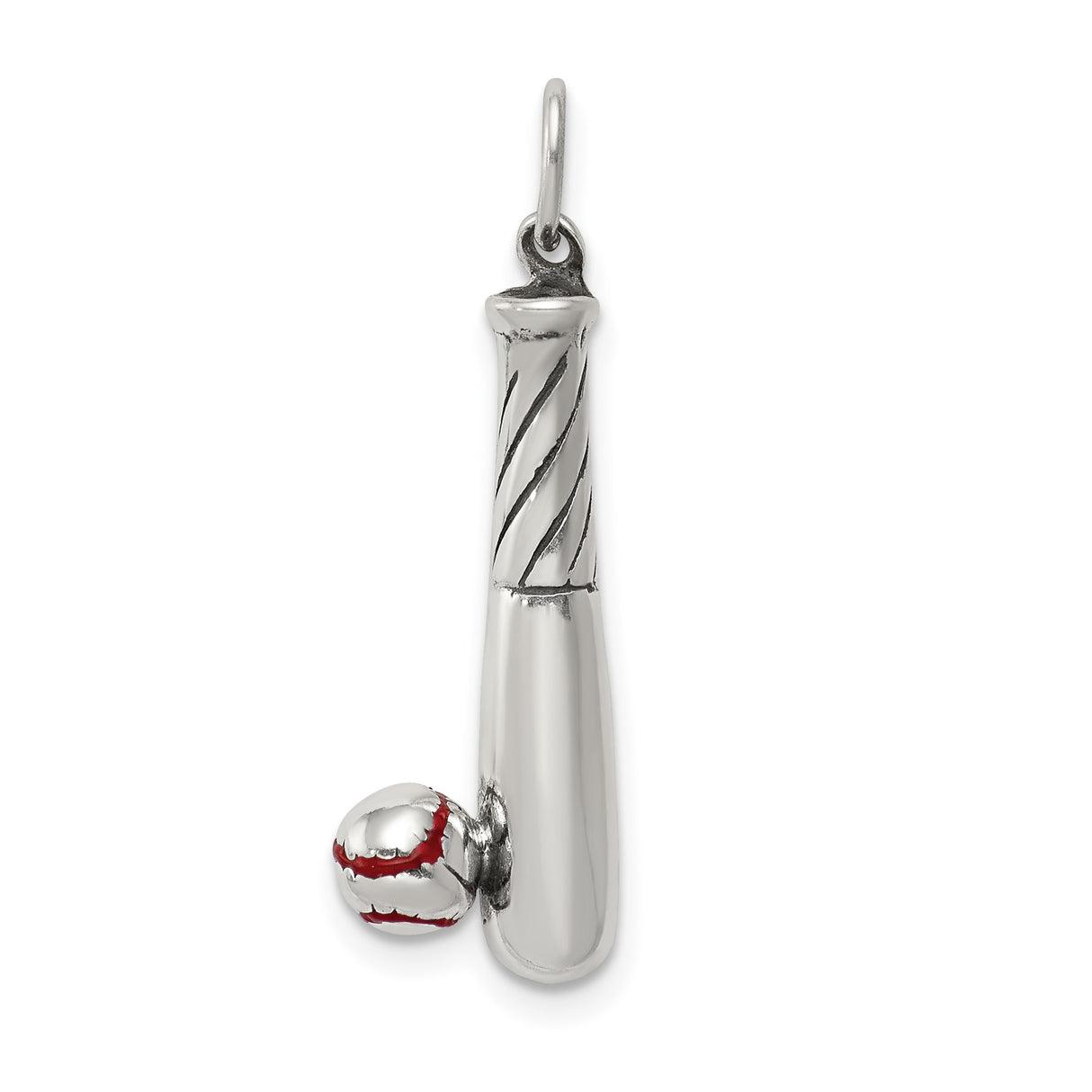 Sterling Silver Baseball Bat and Ball Pendant with Red Stitched Details, Sports Charm