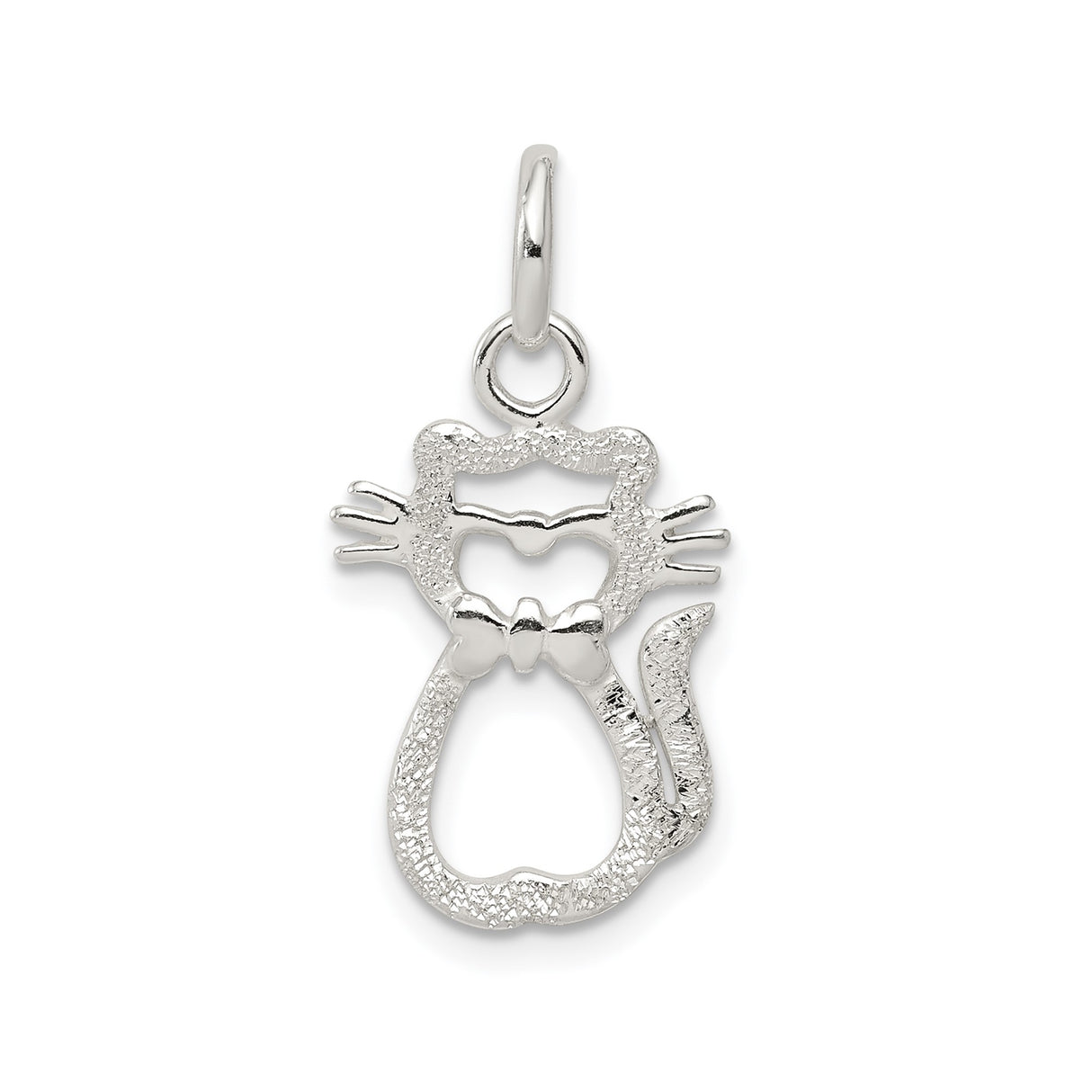 Sterling Silver Cat Pendant with Textured Openwork and Bow Tie Accent for Women and Girls