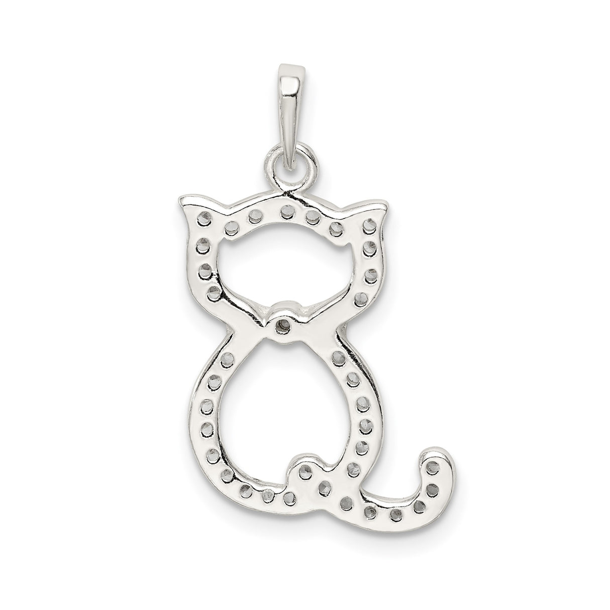 Sterling Silver Cat Pendant with Cubic Zirconia and Bow Accent, Openwork Design for Women