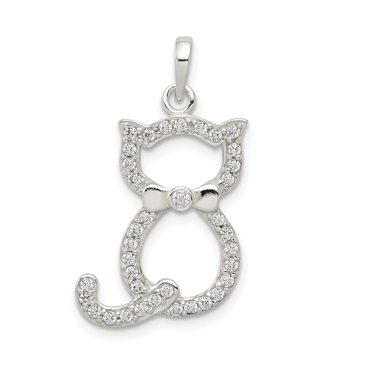 Sterling Silver Cat Pendant with Cubic Zirconia and Bow Accent, Openwork Design for Women
