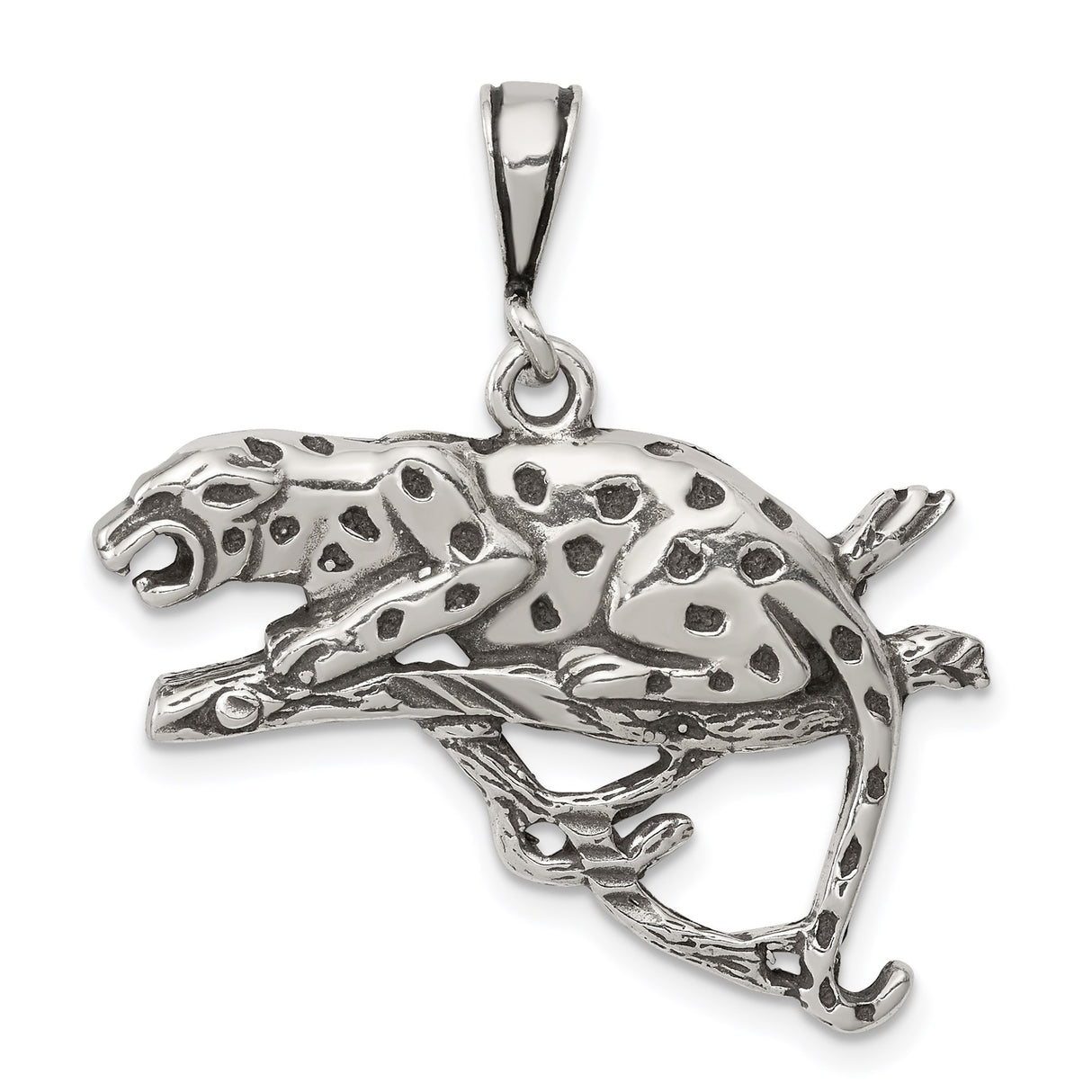 Sterling Silver Jaguar Pendant with Spotted Big Cat on Tree Branch, Jungle Animal Charm