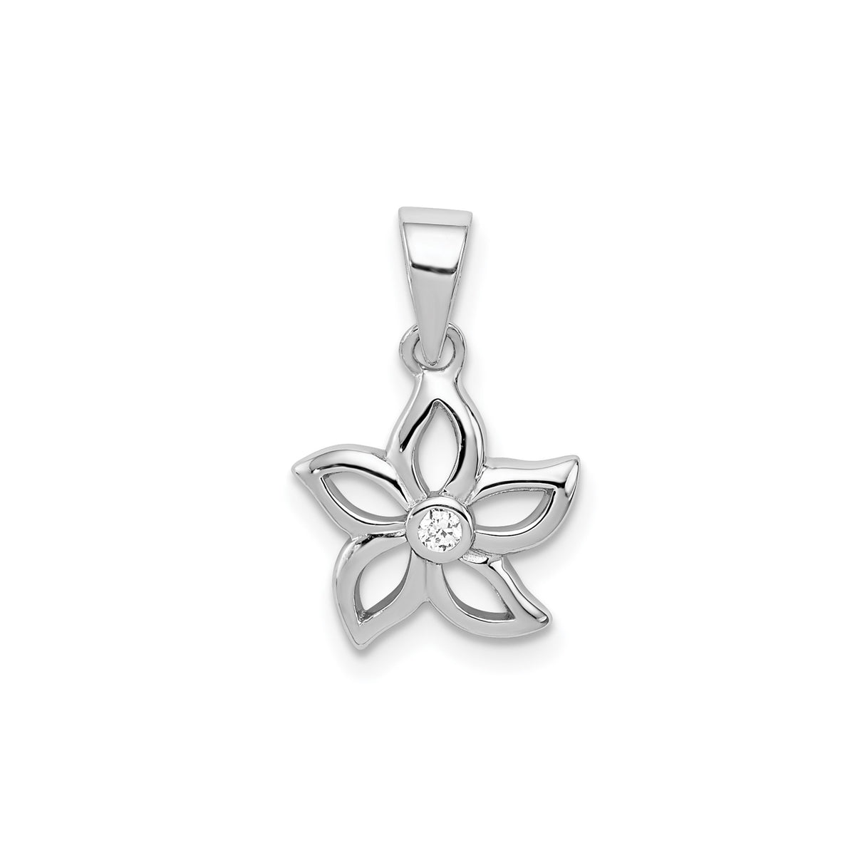 Sterling Silver Floral Pendant with Cubic Zirconia, Openwork Five-Petal Design, Botanical Style