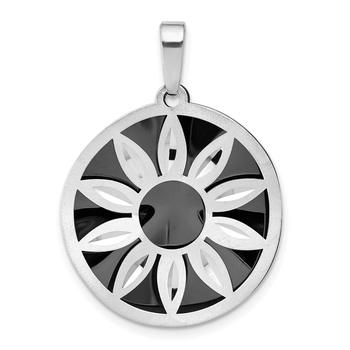 Sterling Silver Floral Pendant with Black Enamel Accents, Sunburst Cutout Design for Women