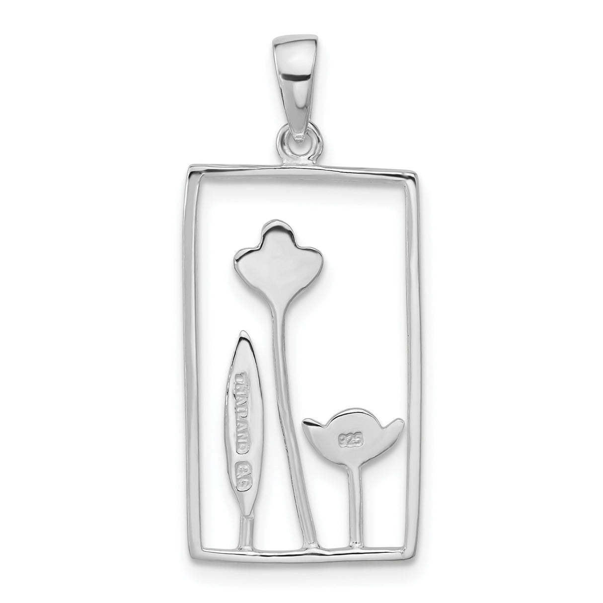 Sterling Silver Floral Pendant with Open-Frame Rectangle and Nature-Inspired Blooming Flowers