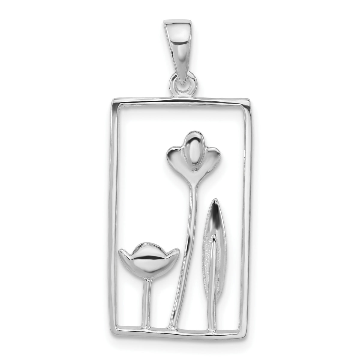 Sterling Silver Floral Pendant with Open-Frame Rectangle and Nature-Inspired Blooming Flowers
