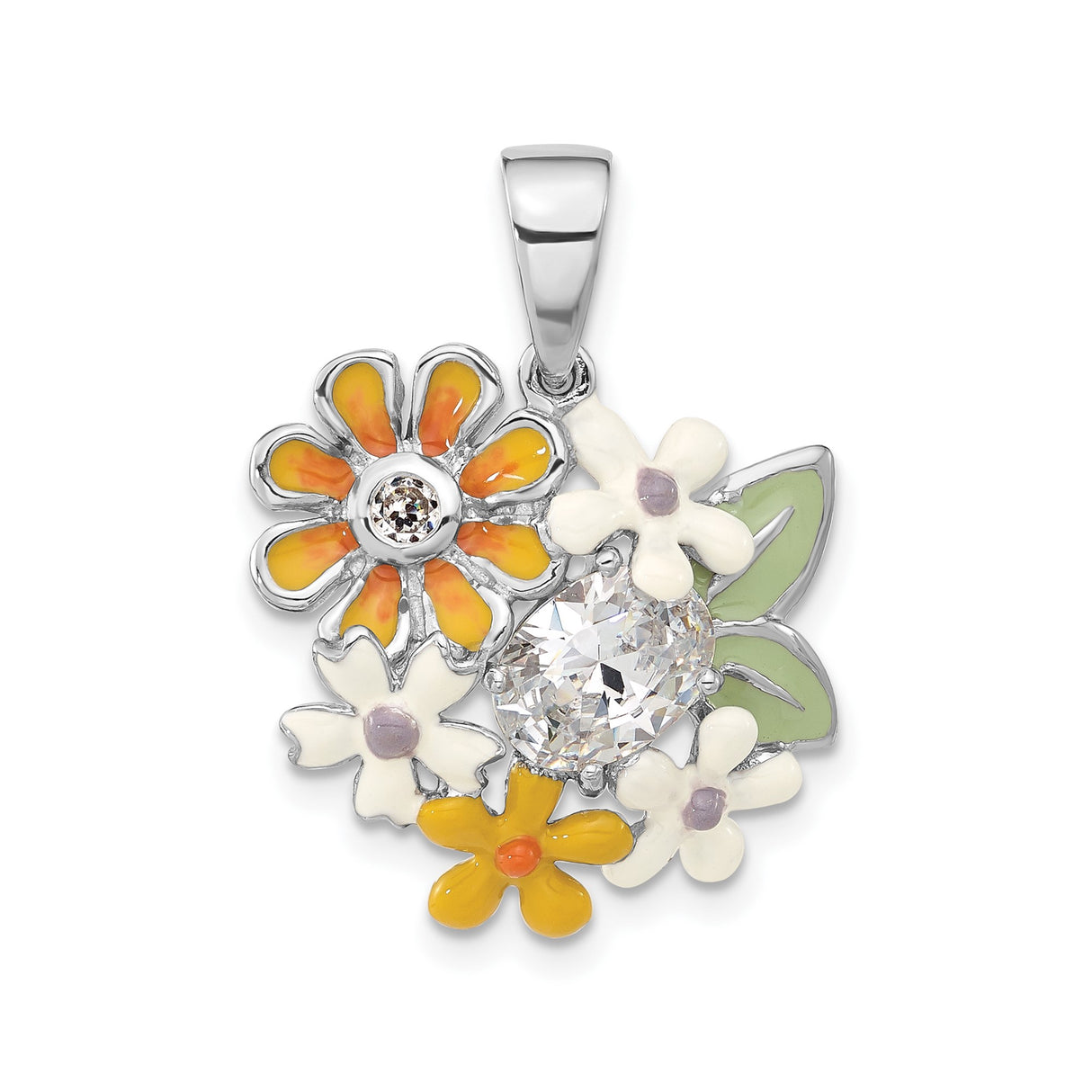 Sterling Silver Pendant with Cubic Zirconia and Colorful Enamel Daisies, Floral Garden Theme