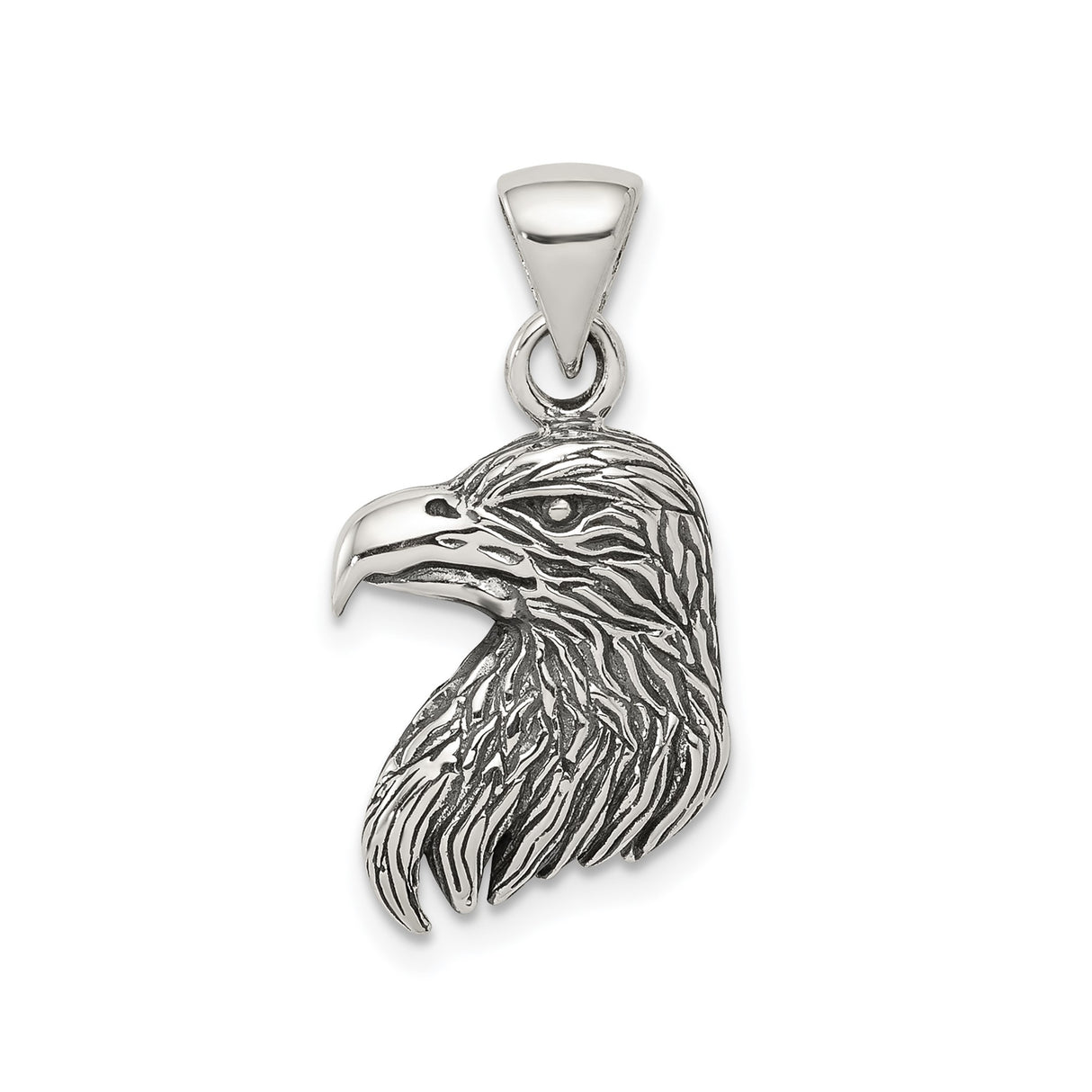 Sterling Silver Eagle Head Pendant with Feather Detail, Patriotic Biker Jewelry for Men