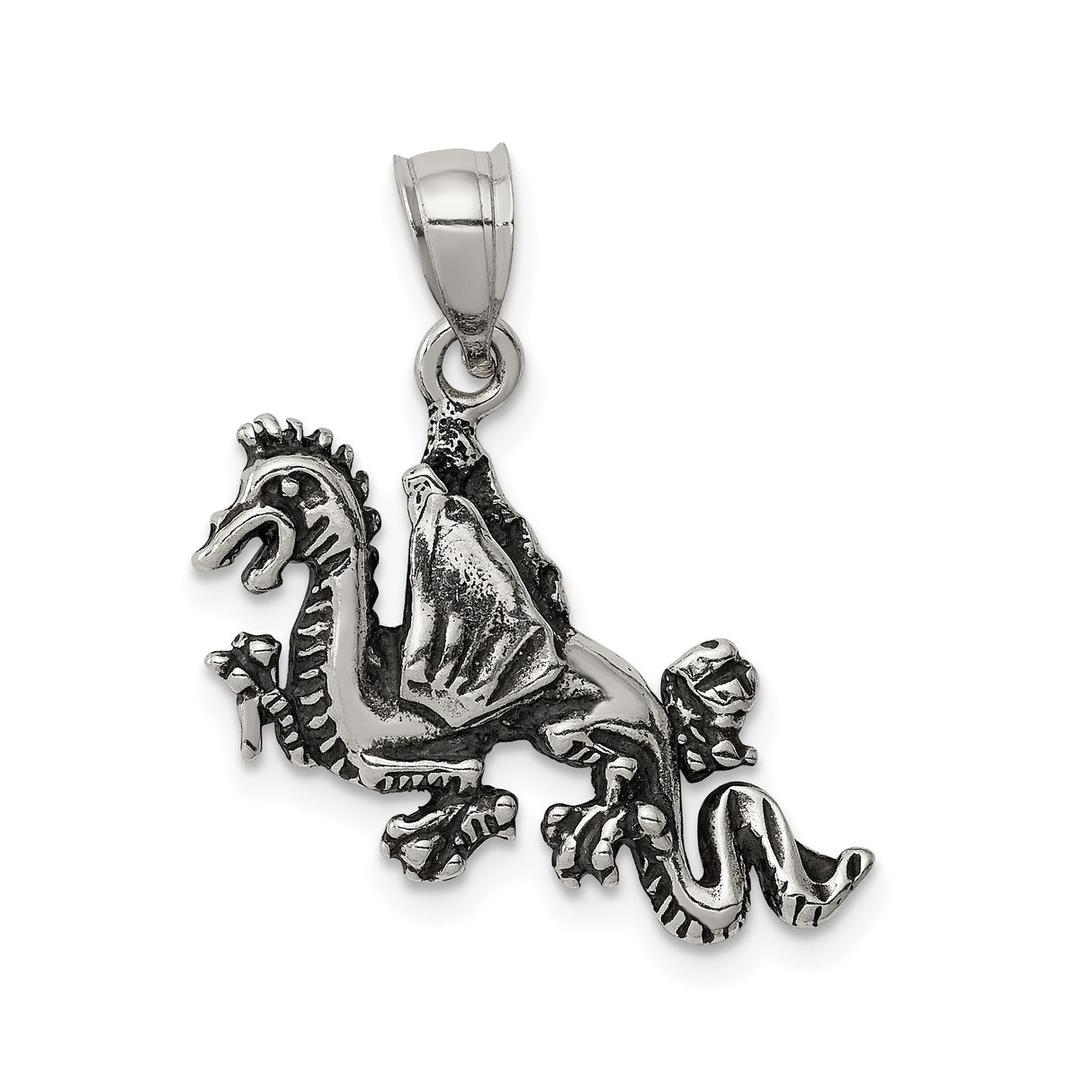 Sterling Silver Winged Dragon Pendant with Gothic Medieval Fantasy Design