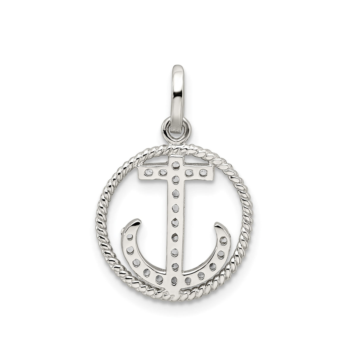 Sterling Silver Anchor Pendant with Cubic Zirconia, Rope Edge Circle, Nautical Faith Design