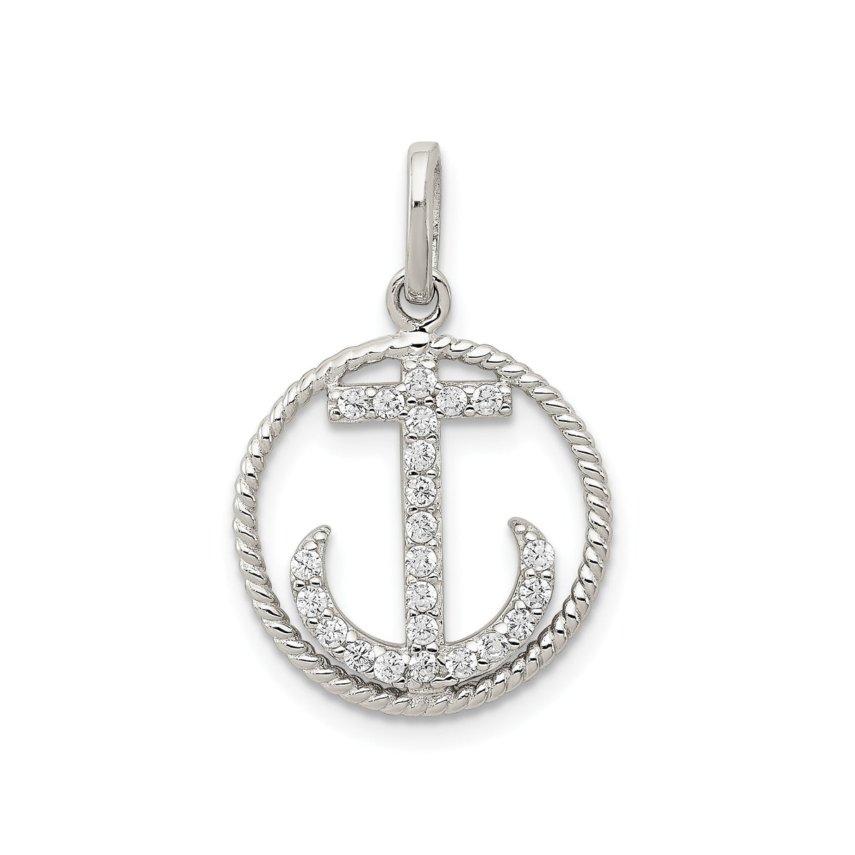Sterling Silver Anchor Pendant with Cubic Zirconia, Rope Edge Circle, Nautical Faith Design
