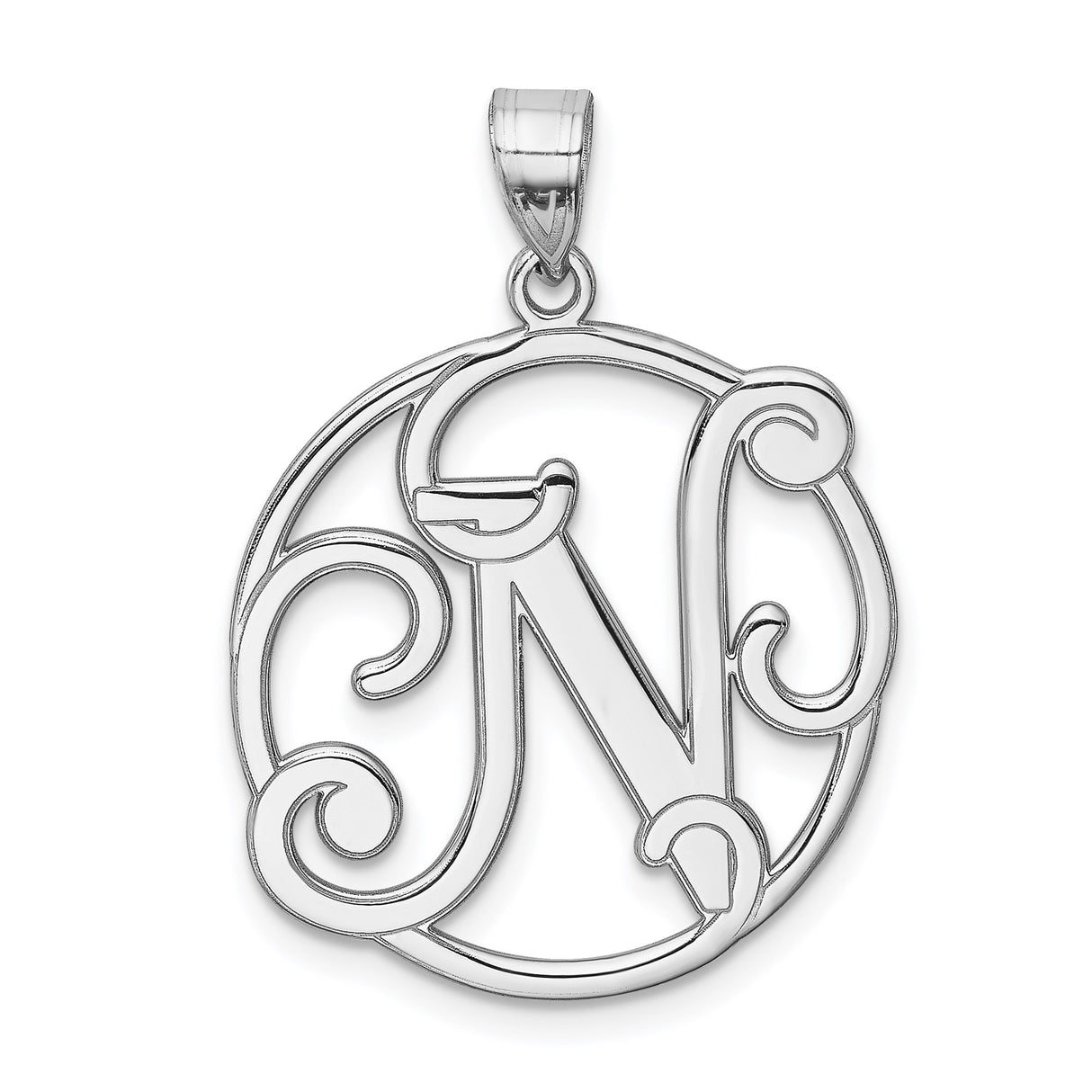 Sterling Silver Letter N Pendant with Circular Filigree Design, Script Monogram Charm for Women