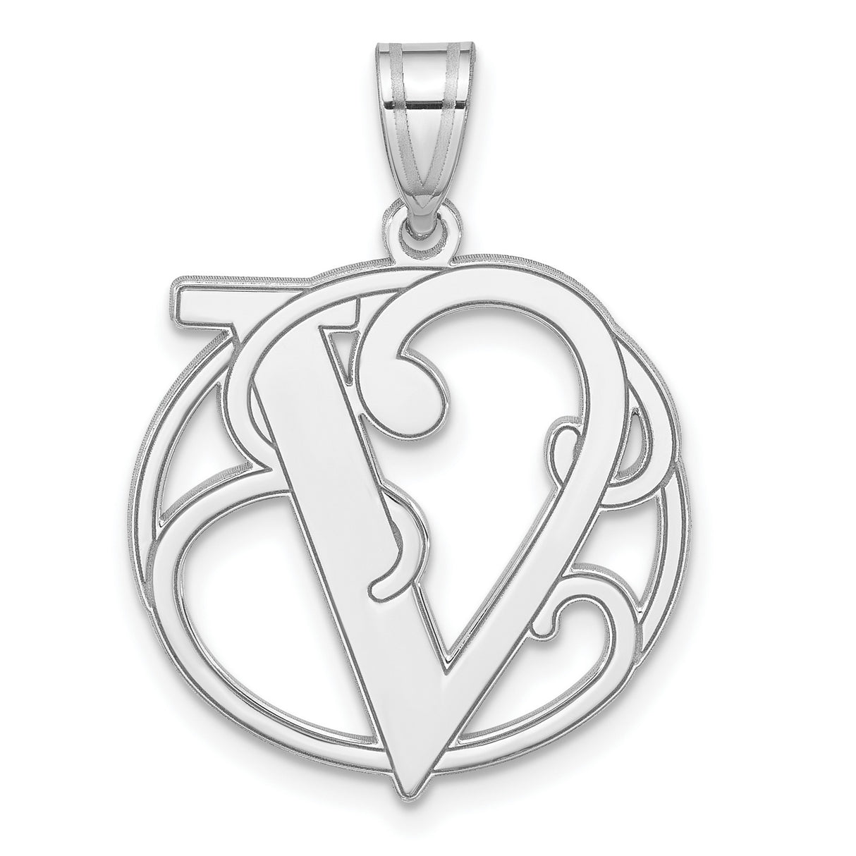 Sterling Silver Letter V Pendant, Script Initial Charm in Circle Frame