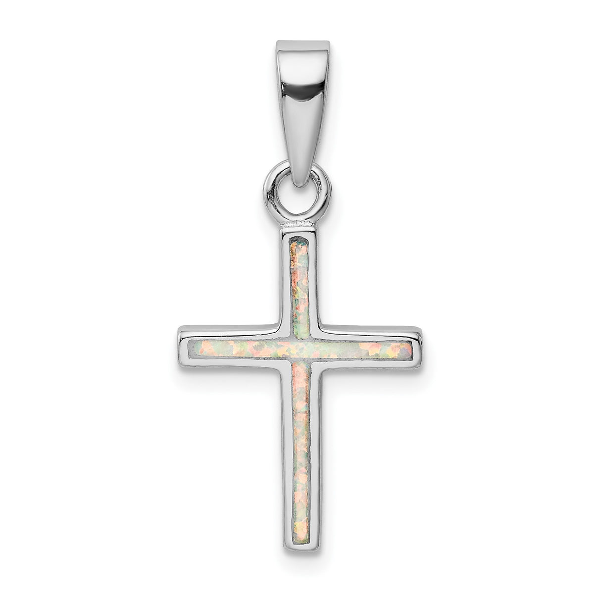 Sterling Silver Cross Pendant with Lab Created Opal Inlay, Minimalist Spiritual Design
