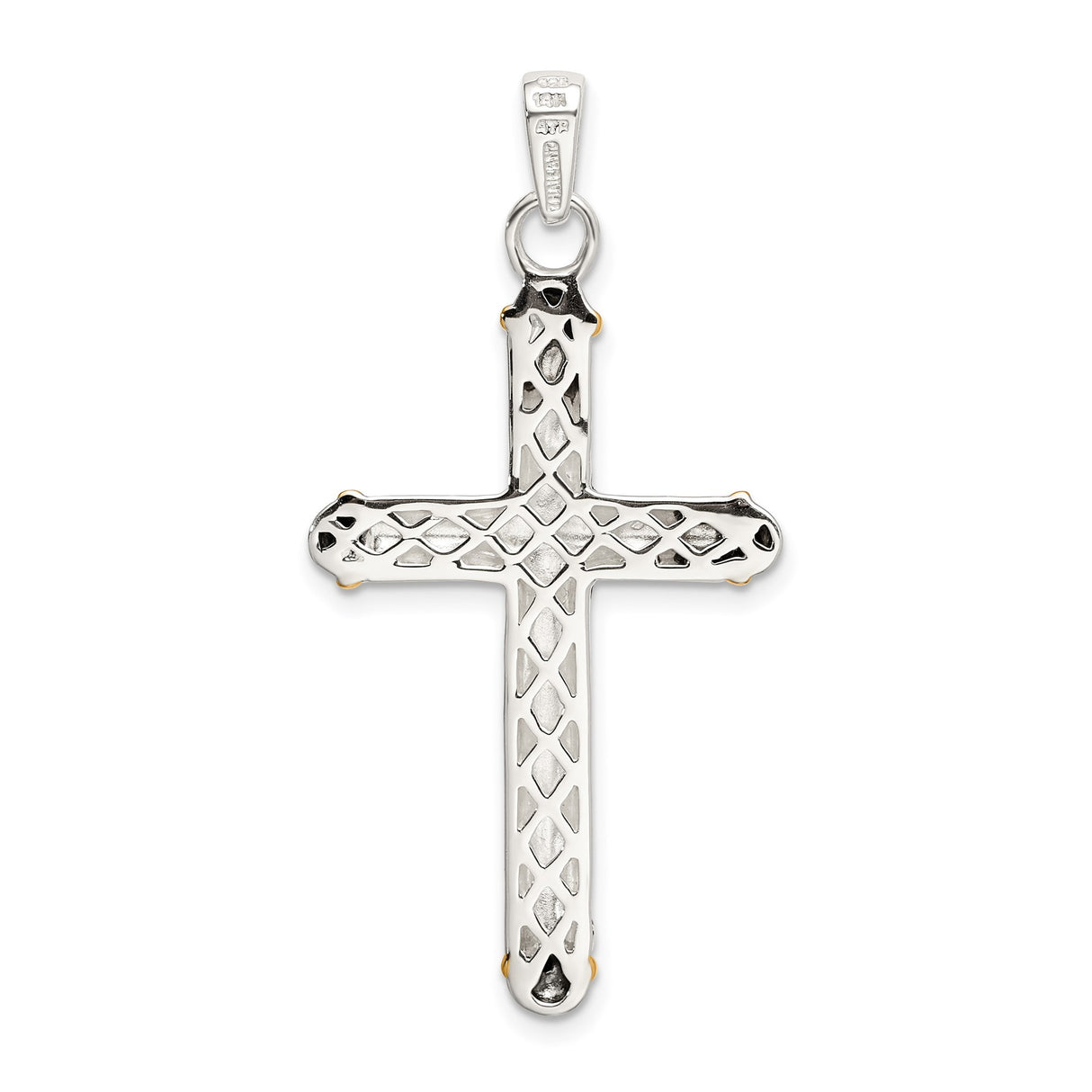Sterling Silver Two-Tone Cross Pendant with White Topaz Accent, Antique Textured Design