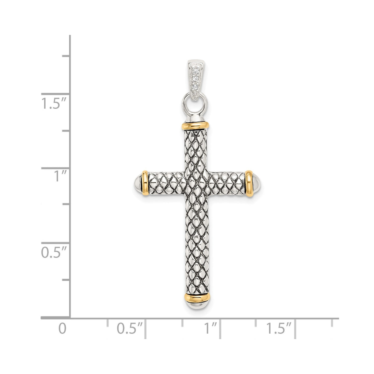 Sterling Silver Two-Tone Cross Pendant with White Topaz Accent, Antique Textured Design