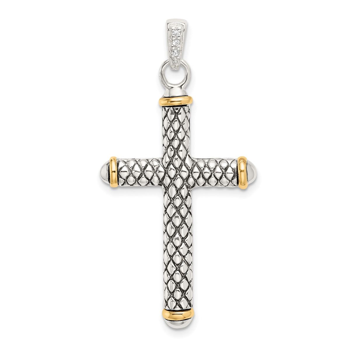 Sterling Silver Two-Tone Cross Pendant with White Topaz Accent, Antique Textured Design