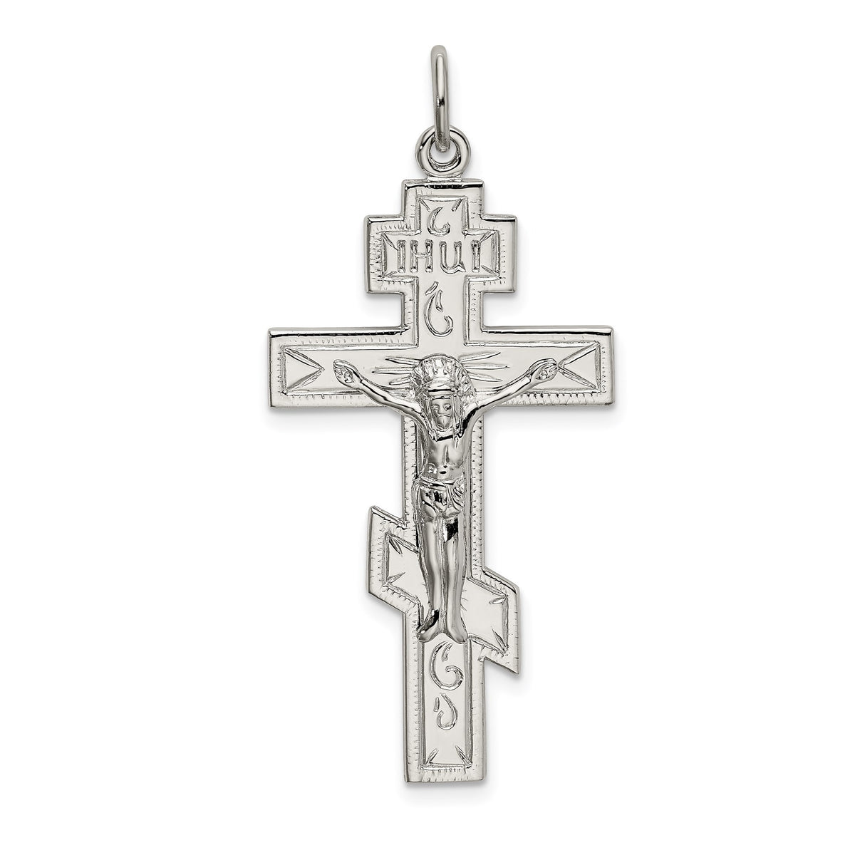 Sterling Silver Orthodox Cross Pendant with Dimensional Crucifix and Textured Design