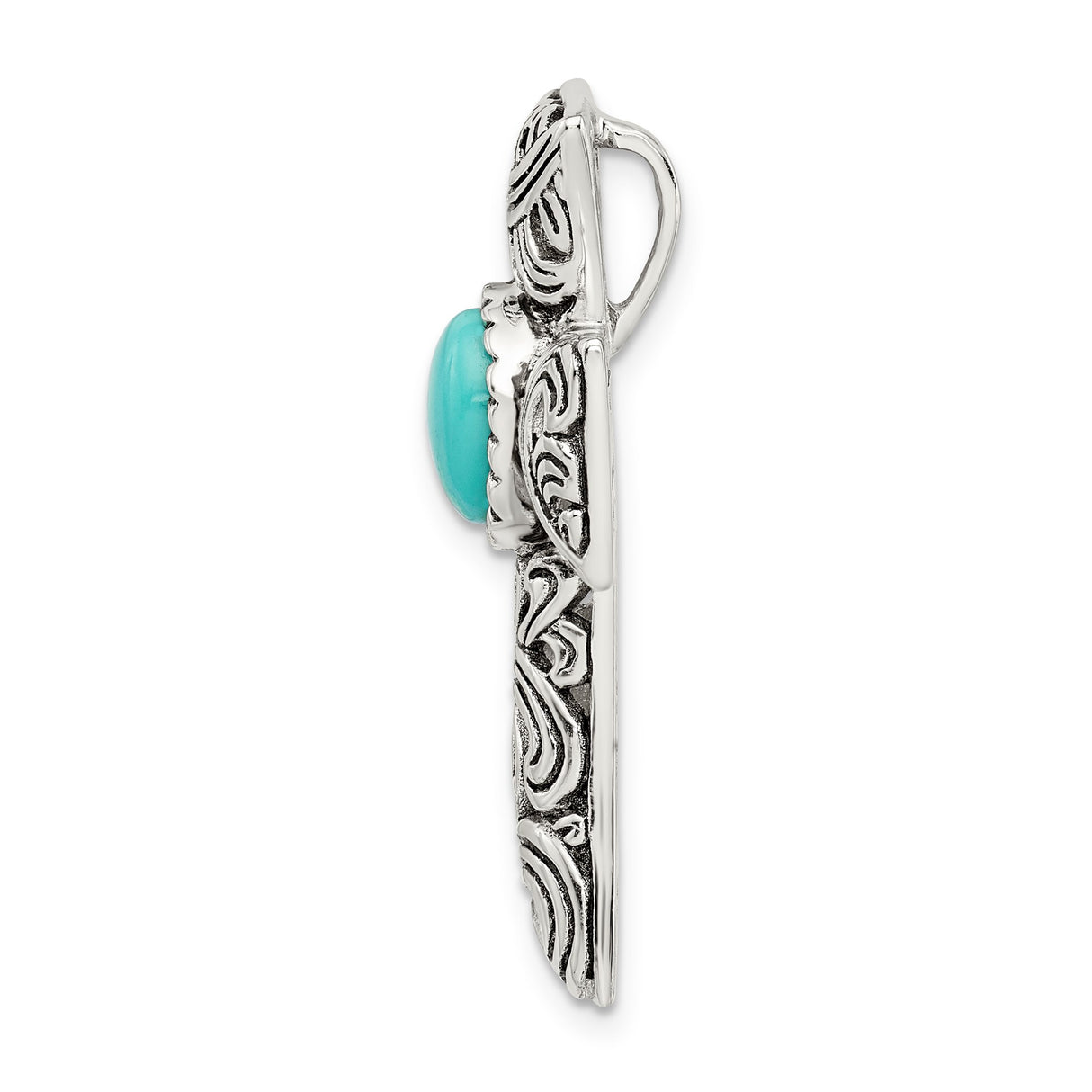Sterling Silver Cross Pendant with Oval Turquoise, Scrollwork Design, Southwestern Style