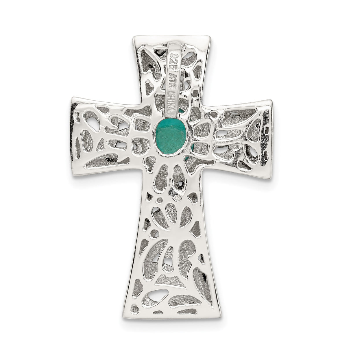 Sterling Silver Cross Pendant with Oval Turquoise, Scrollwork Design, Southwestern Style