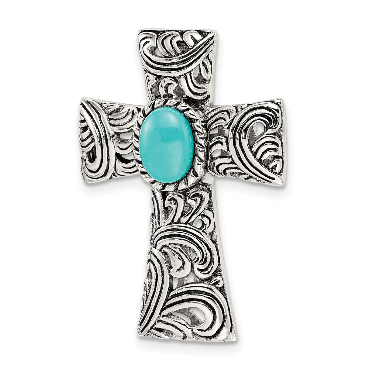 Sterling Silver Cross Pendant with Oval Turquoise, Scrollwork Design, Southwestern Style